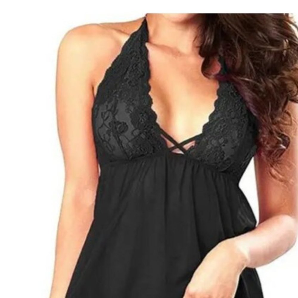 Black Babydoll Gown with Lace Embellishment